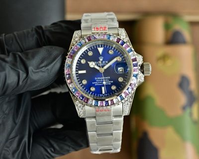 Rolex Submariner 3135 Movement 40mm Rainbow Diamond Bezel Blue Face Watch